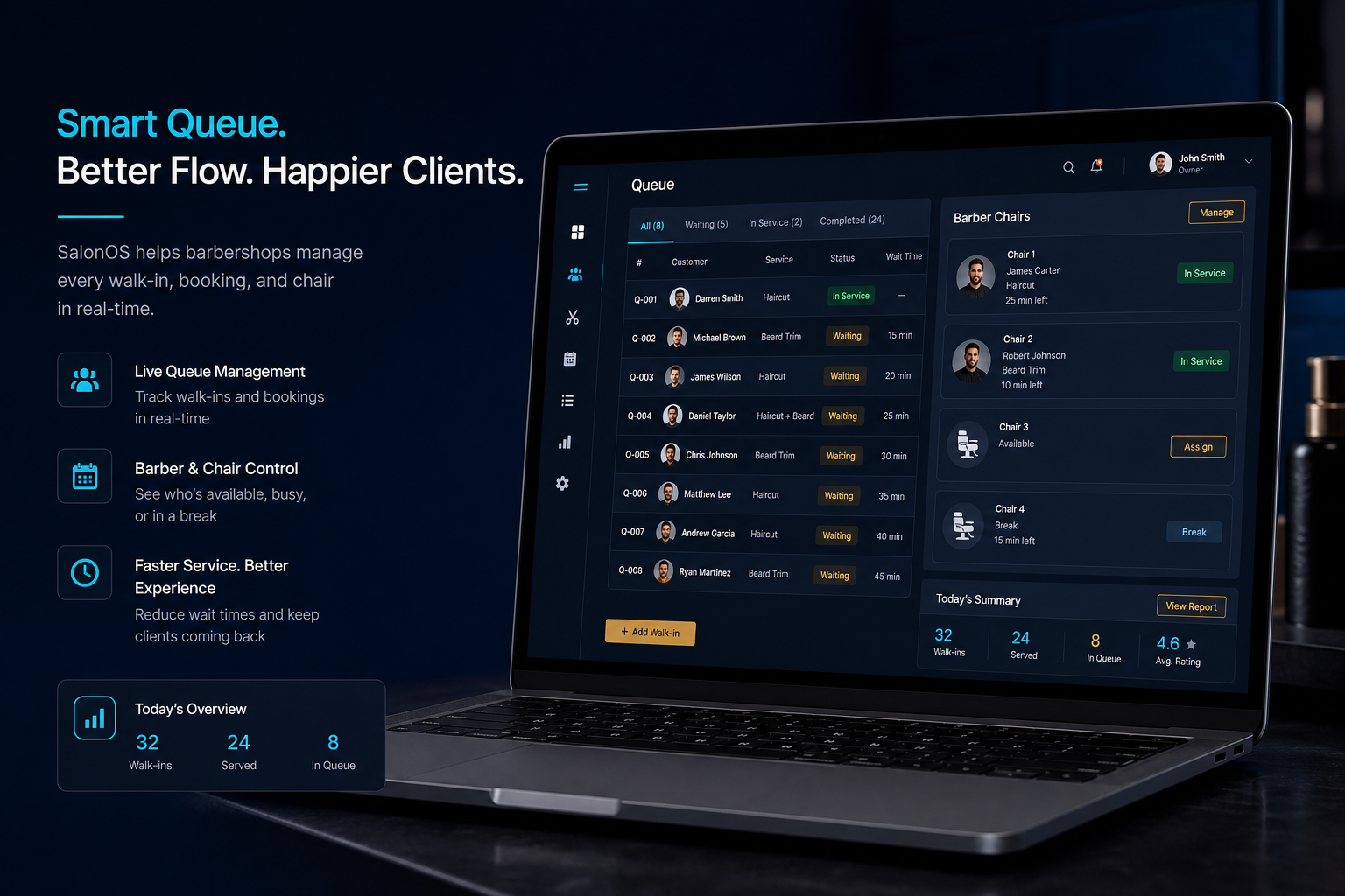 SalonOS queue management dashboard on a laptop