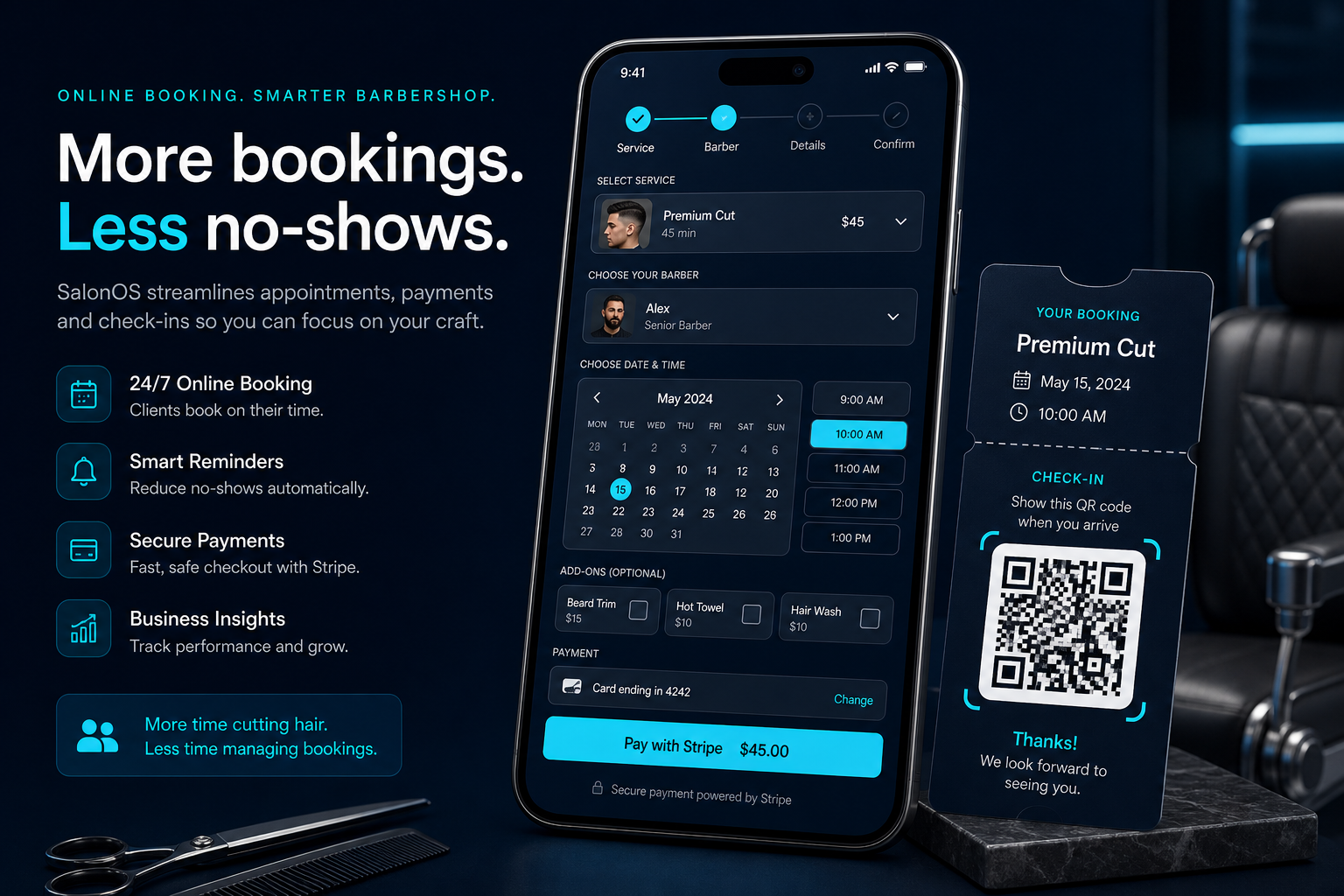 SalonOS mobile online booking with Stripe payment